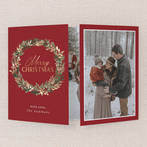 Wreath Embrace Holiday Card, Red, Gate Fold, Christmas, Matte, Folded Smooth Cardstock, Square, Apple