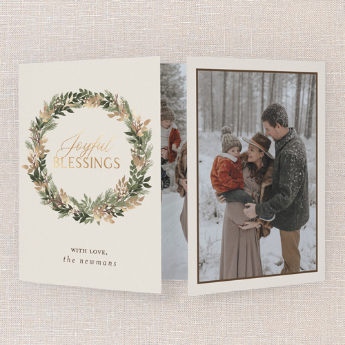 Wreath Embrace Holiday Card, Beige, Gate Fold, Religious, Pearl Shimmer Cardstock, Square, Cream