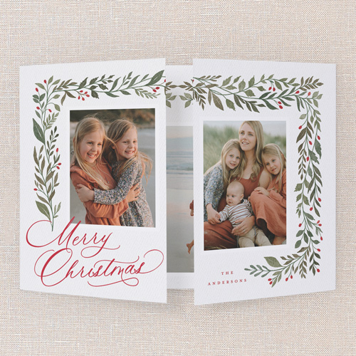 Botanical Storyline Holiday Card, White, Gate Fold, Christmas, Pearl Shimmer Cardstock, Square, White