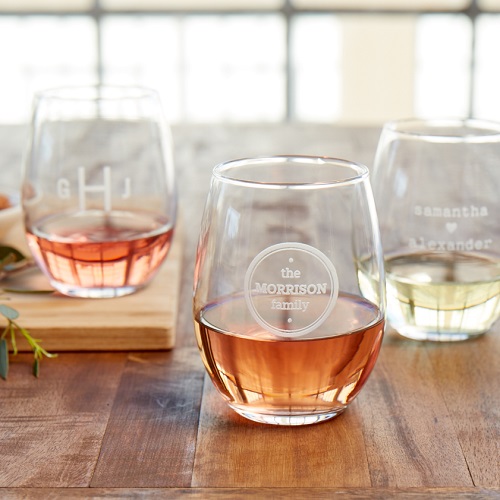 Floral Monogrammed Stemless Wine Glass