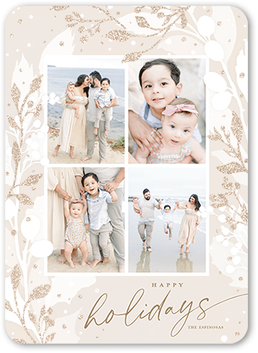 Flickering Foliage Holiday Card, Grey, Holiday, Antique Gold Glitter, Matte, Signature Smooth Cardstock, Rounded