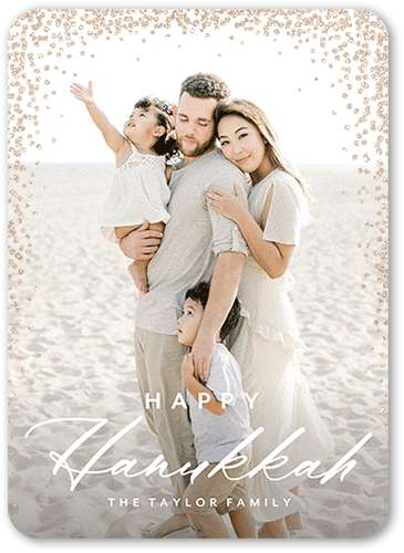 Confetti Corners Holiday Card, White, Hanukkah, Antique Gold Glitter, Matte, Signature Smooth Cardstock, Rounded