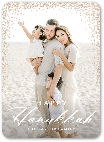 Confetti Corners Holiday Card, White, Hanukkah, Antique Gold Glitter, Matte, Signature Smooth Cardstock, Rounded, White
