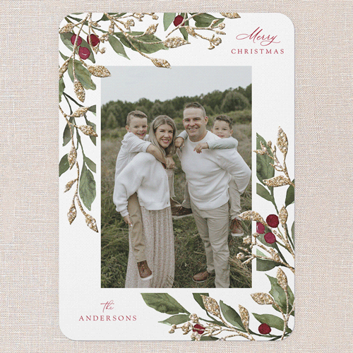 Sparkling Classic Berries Holiday Card, White, Christmas, Antique Gold Glitter, Matte, Signature Smooth Cardstock, Rounded, White