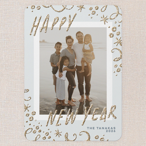 Shimmering Streamers New Year's Card, Blue, New Year, Antique Gold Glitter, Matte, Signature Smooth Cardstock, Rounded, Blue