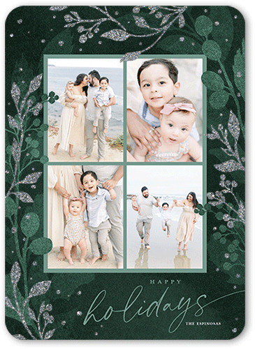Flickering Foliage Holiday Card, Green, Holiday, Silver Glitter, Matte, Signature Smooth Cardstock, Rounded