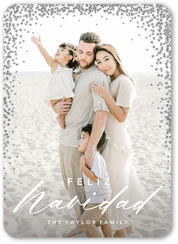 Confetti Corners Holiday Card, White, Feliz Navidad, Silver Glitter, Matte, Signature Smooth Cardstock, Rounded