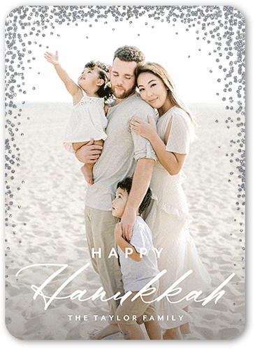 Confetti Corners Holiday Card, White, Hanukkah, Silver Glitter, Matte, Signature Smooth Cardstock, Rounded