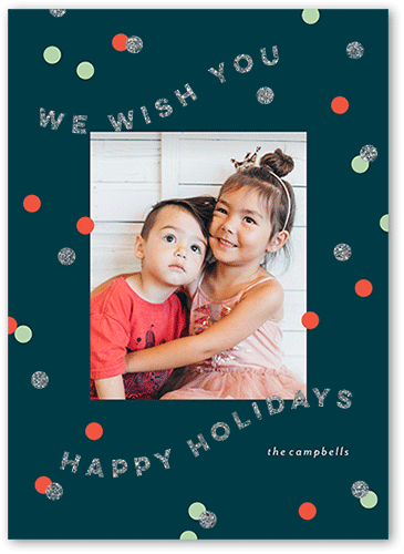 Glitter Polka Dot Holiday Card, Blue, Holiday, Silver Glitter, Matte, Signature Smooth Cardstock, Square