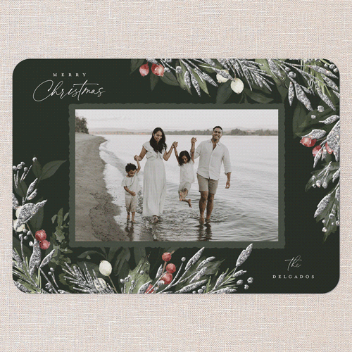 Elegant Evergreen Holiday Card, Green, Write Your Own, Silver Glitter, Matte, Signature Smooth Cardstock, Rounded, Green Ink