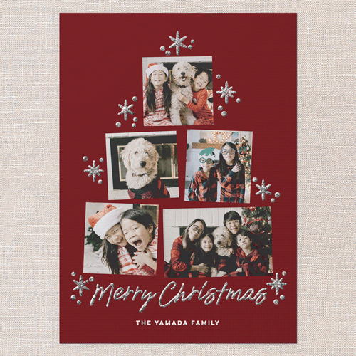 Tree Photo Layout Holiday Card, Red, Christmas, Silver Glitter, Matte, Signature Smooth Cardstock, Square, Red