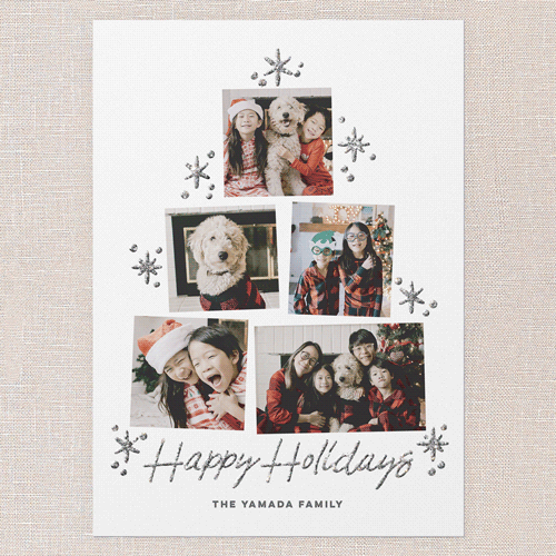 Tree Photo Layout Holiday Card, White, Holiday, Silver Glitter, Matte, Signature Smooth Cardstock, Square, White