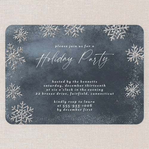 Frosted Gathering Holiday Invitation, Blue, Holiday, Silver Glitter, Matte, Signature Smooth Cardstock, Rounded, Blue Suede