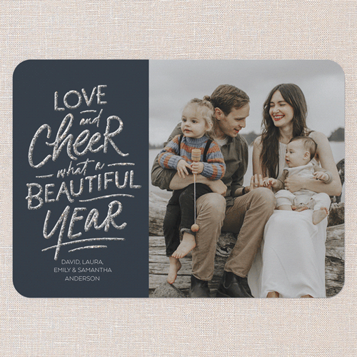 Golden Script Joy New Year's Card, Blue, New Year, Silver Glitter, Matte, Signature Smooth Cardstock, Rounded, Nautical