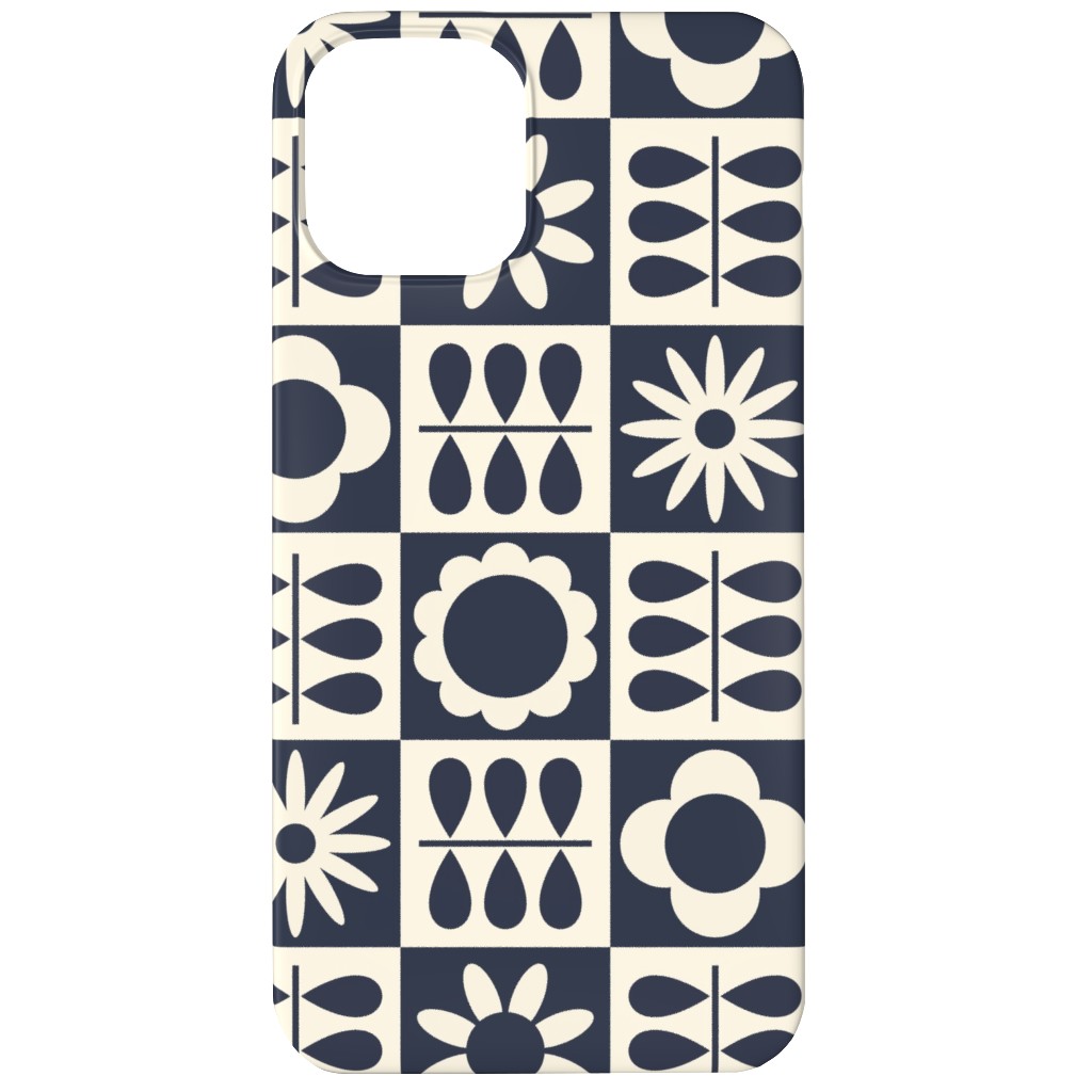Scandinavian Checker Blooms - Off White and Navy Phone Case, Slim Case, Matte, iPhone 11, Black, Black