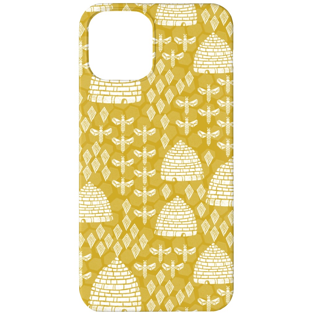 Bee Hives, Spring Florals Linocut Block Printed - Golden Yellow Phone Case, Slim Case, Matte, iPhone 11, Yellow