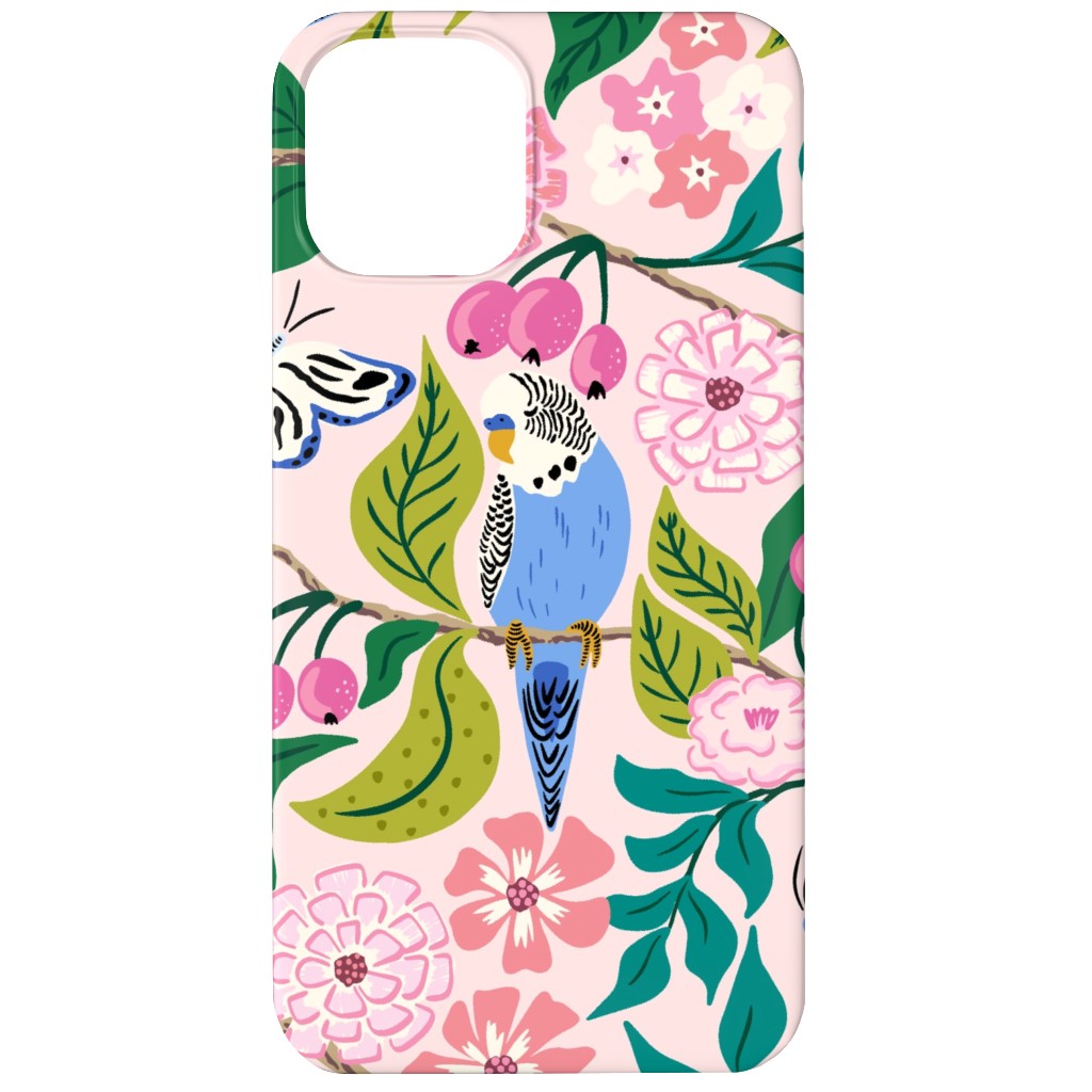 Budgies and Butterflies - Pink and Green Phone Case, Silicone Liner Case, Matte, iPhone 12 Mini, Pink