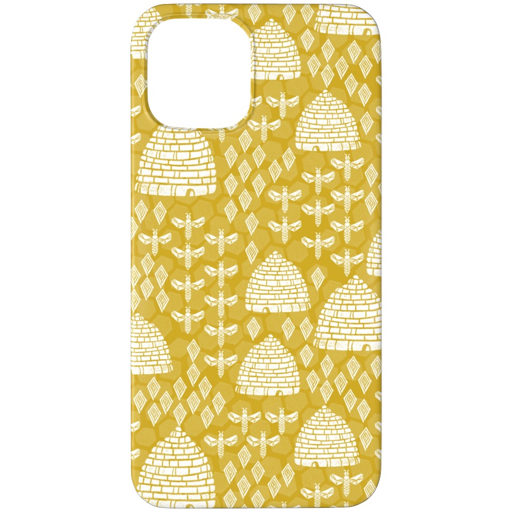 Bee Hives, Spring Florals Linocut Block Printed - Golden Yellow Phone Case, Slim Case, Matte, iPhone 12 Pro Max, Yellow