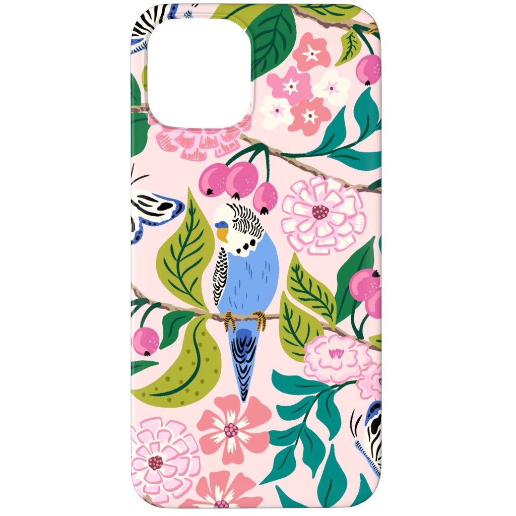 Budgies and Butterflies - Pink and Green Phone Case, Silicone Liner Case, Matte, iPhone 12 Pro, Pink