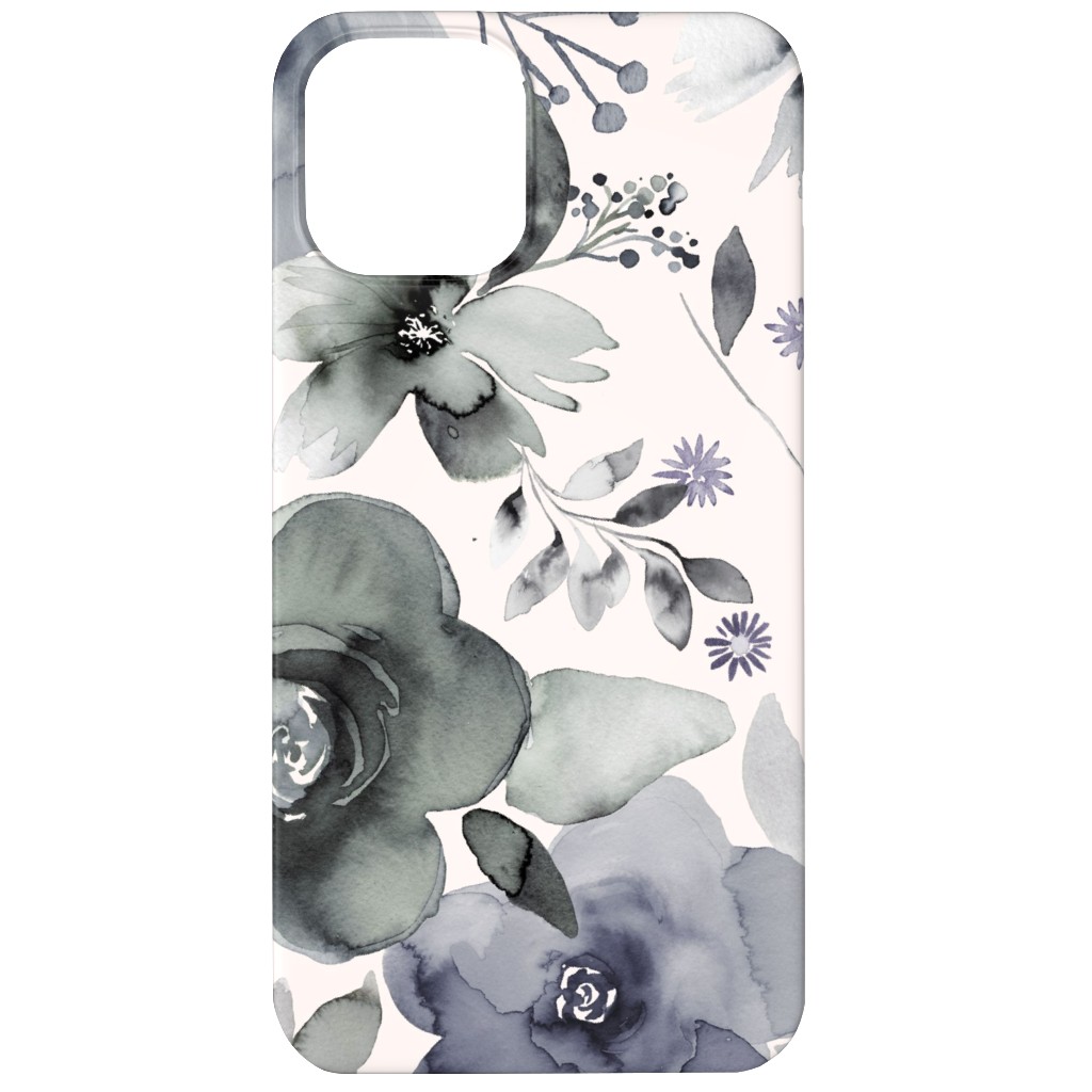 Wintery Watercolor Flower Bouquets - Navy Phone Case, Silicone Liner Case, Matte, iPhone 12, Blue