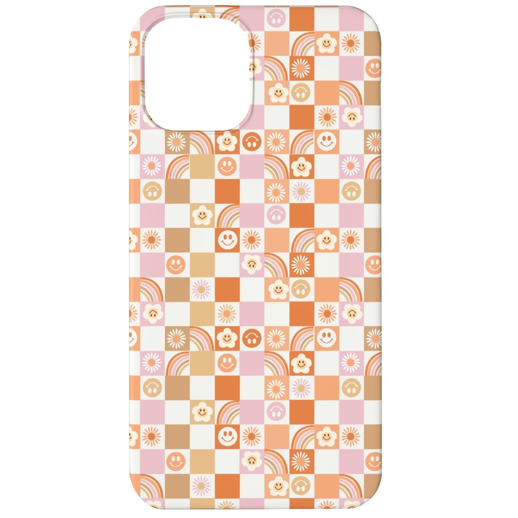 Retro Checkerboard - Daisy, Smile, Happy - Pink Orange Phone Case, Silicone Liner Case, Matte, iPhone 12, Orange