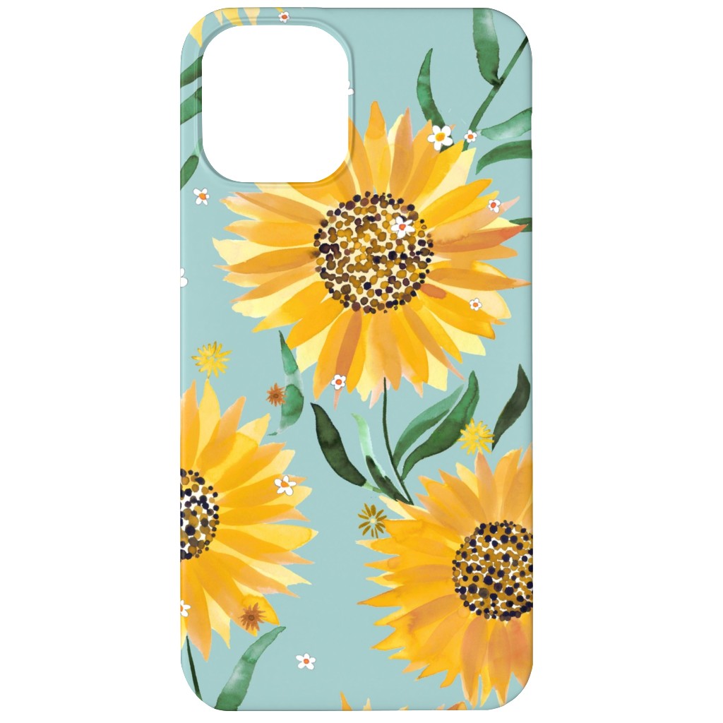 Watercolor Sunflowers - Yellow on Blue Phone Case, Slim Case, Matte, iPhone 12, Yellow