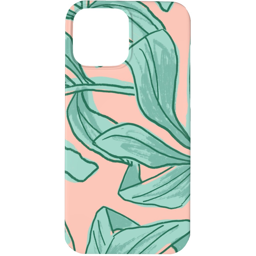 Lush Tropical Leaves - Pink and Mint Phone Case, Silicone Liner Case, Matte, iPhone 13 Pro, Green