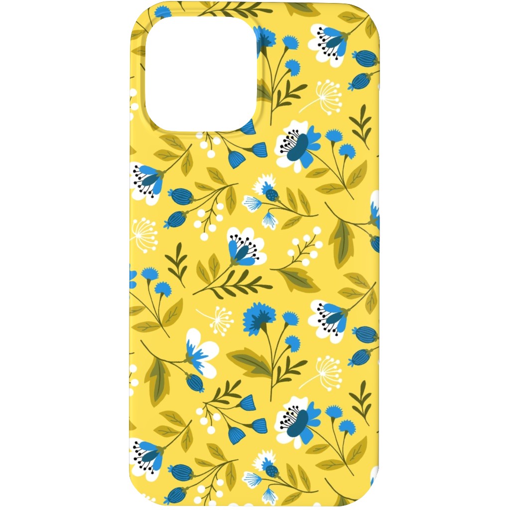 Colorful Spring Flowers - Blue on Yellow Phone Case, Silicone Liner Case, Matte, iPhone 13 Pro, Yellow