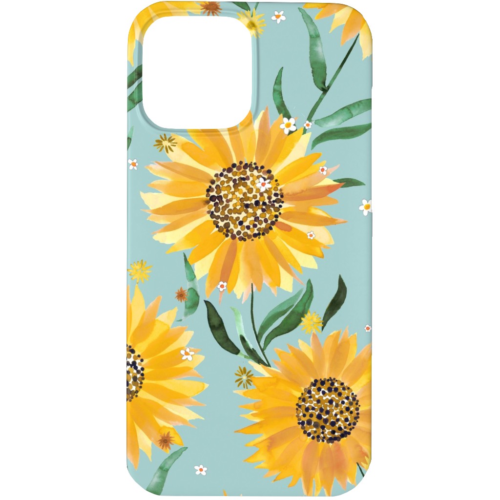 Watercolor Sunflowers - Yellow on Blue Phone Case, Slim Case, Matte, iPhone 13 Pro, Yellow