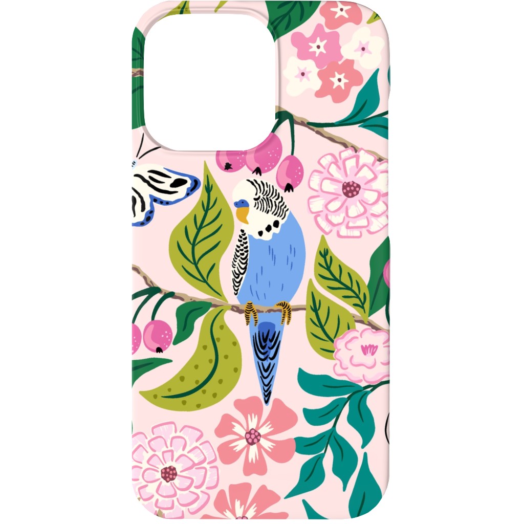 Budgies and Butterflies - Pink and Green Phone Case, Silicone Liner Case, Matte, iPhone 13, Pink