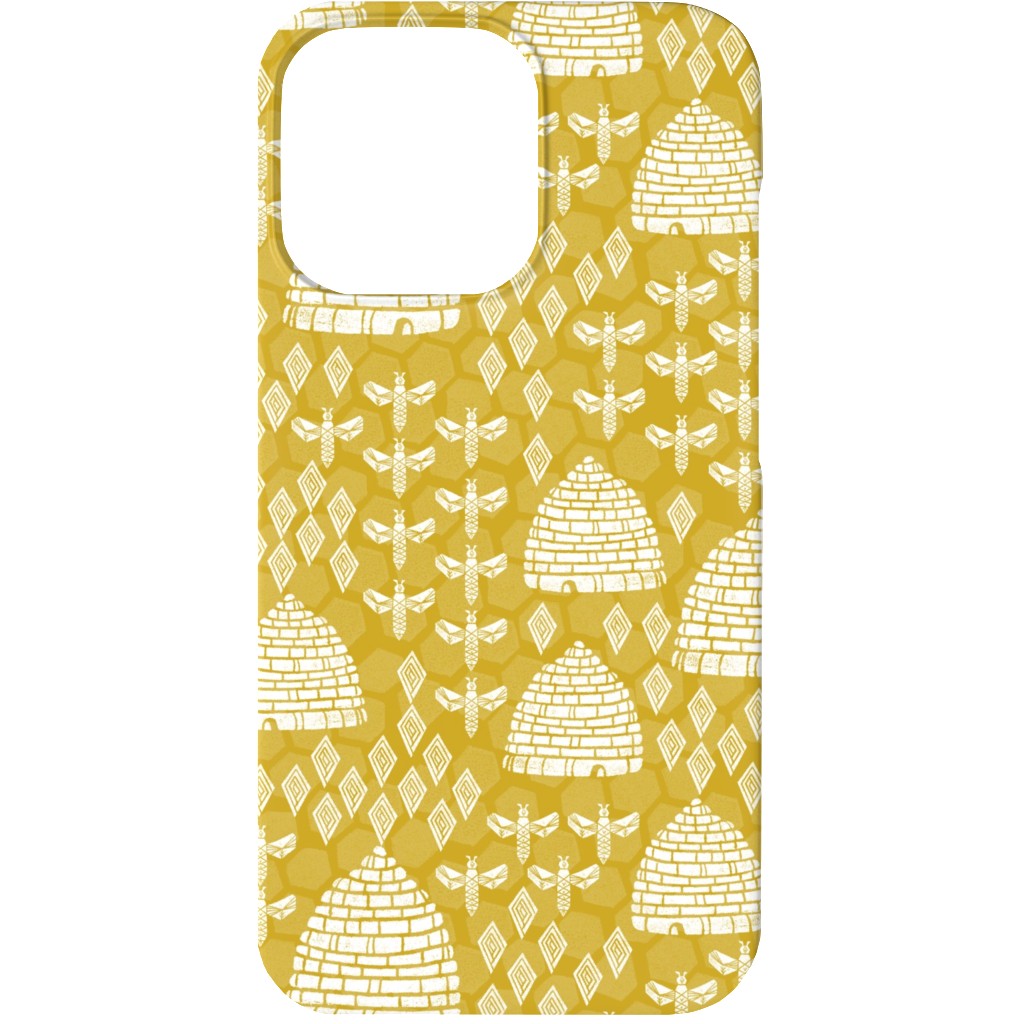 Bee Hives, Spring Florals Linocut Block Printed - Golden Yellow Phone Case, Slim Case, Matte, iPhone 13, Yellow, Classic Yellow