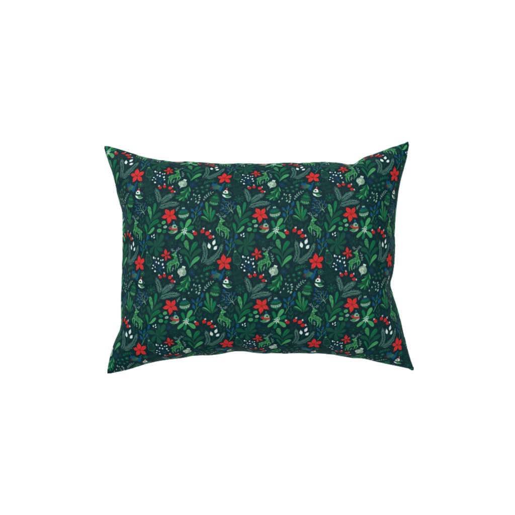 Merry Christmas Floral - Dark Pillow, Woven, White, 12x16, Double Sided, Green