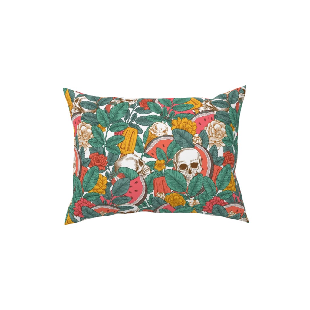 Summer Skull - Multi Pillow, Woven, White, 12x16, Double Sided, Green, Classic Green