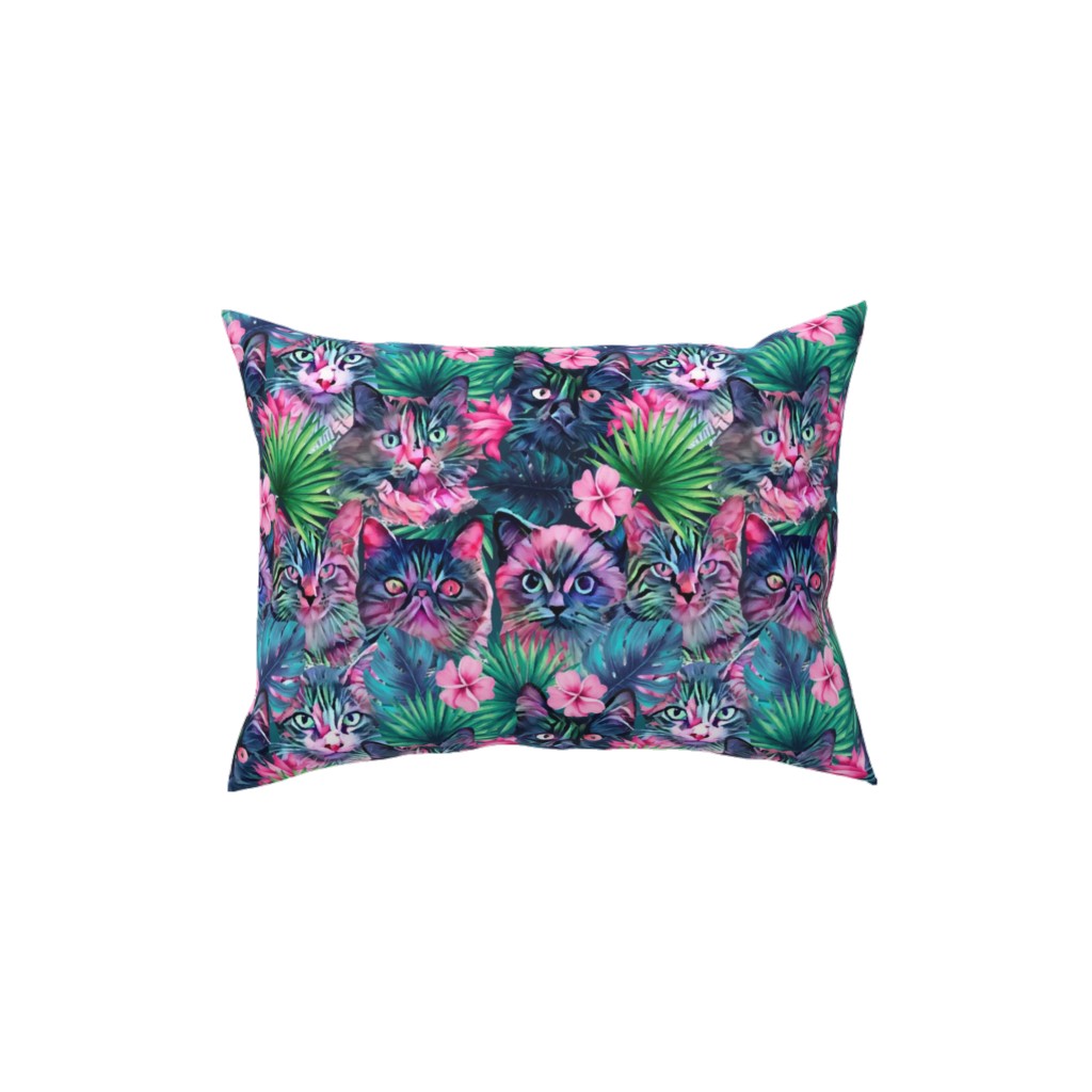 Summer Floral Cats - Multi Pillow, Woven, White, 12x16, Double Sided, Multicolor