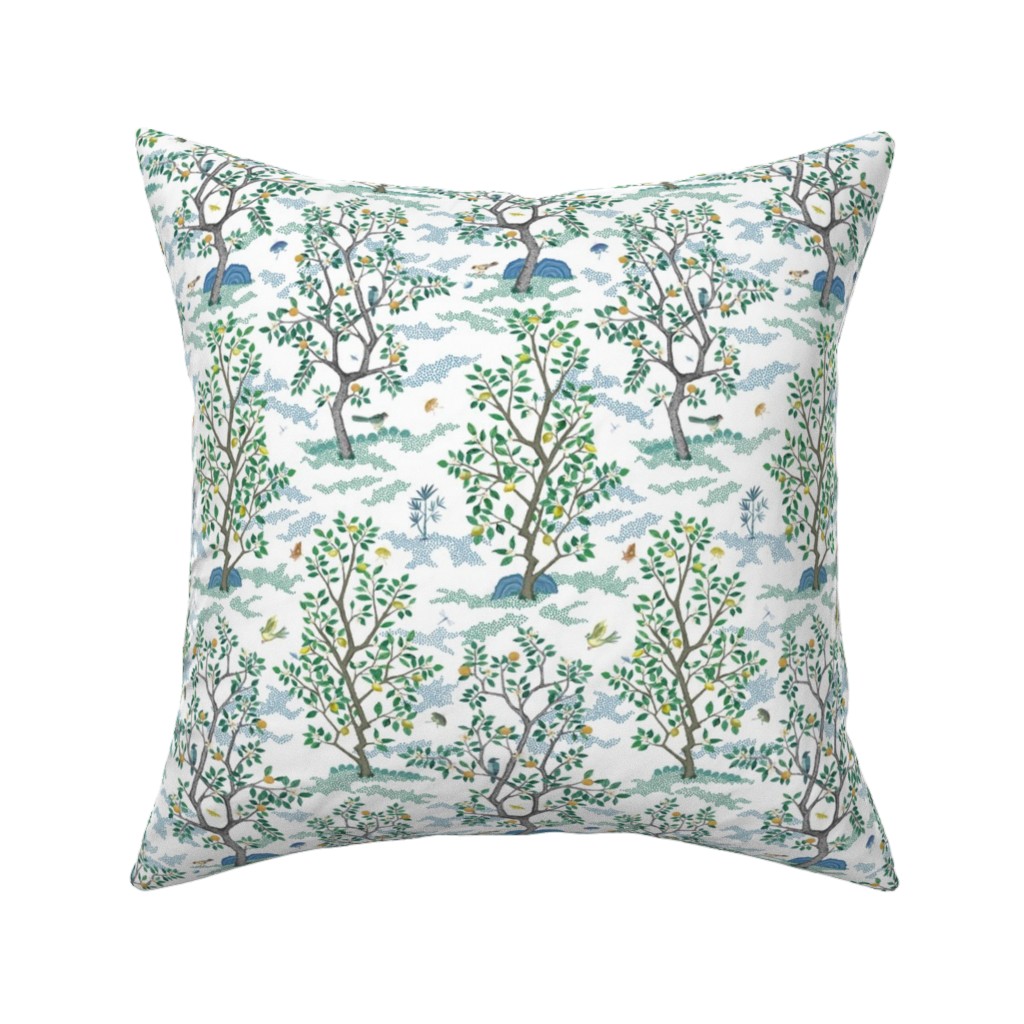 Citrus Trees - Blue and Green on White Pillow, Woven, White, 16x16, Double Sided, Green