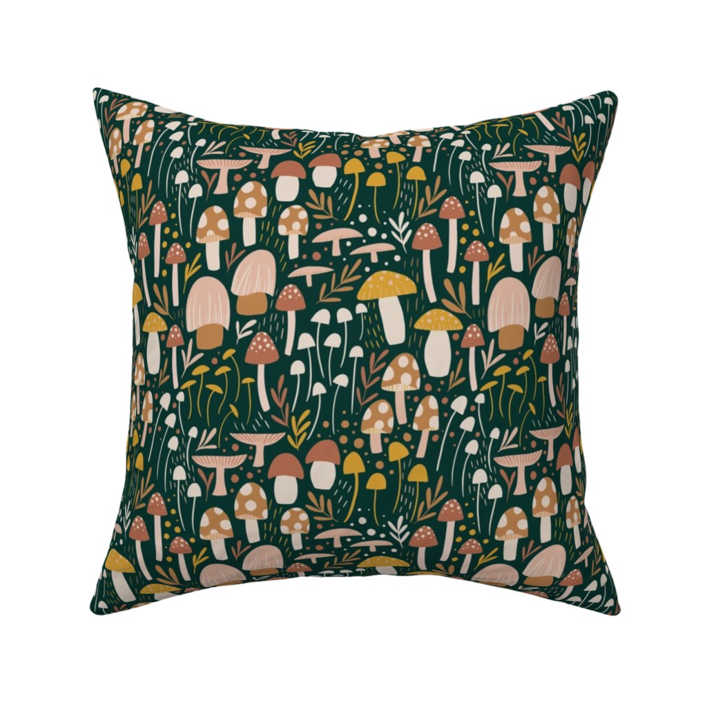 Woodland Mushroom Meadow - Green Pillow, Woven, White, 16x16, Double Sided, Green