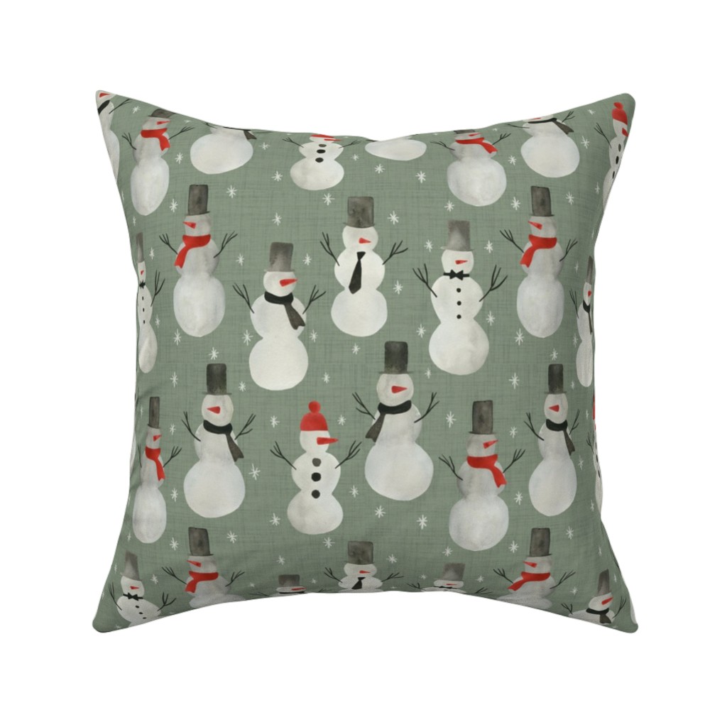 Watercolor Snowmen on Sage Pillow, Woven, White, 16x16, Double Sided, Green