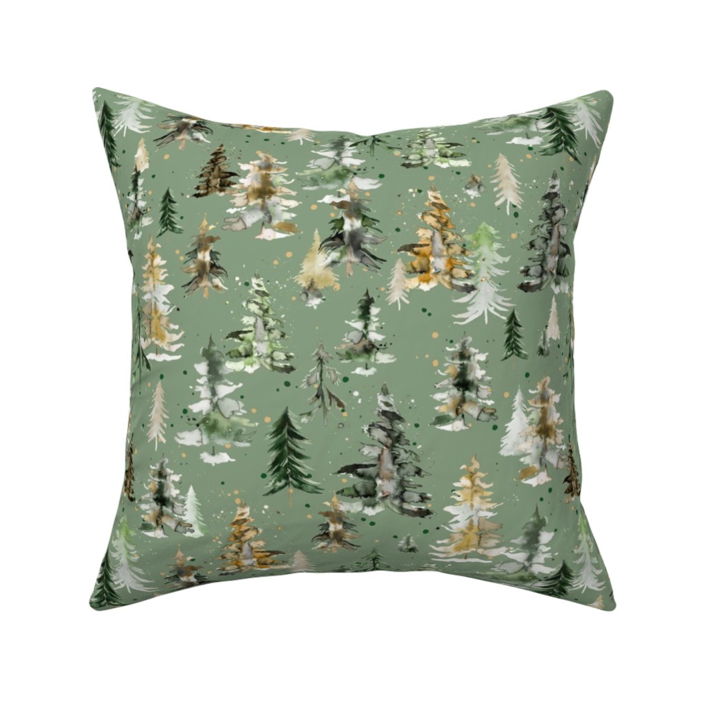 Watercolor Pines and Spruces Christmas - Green Pillow, Woven, White, 16x16, Double Sided, Green