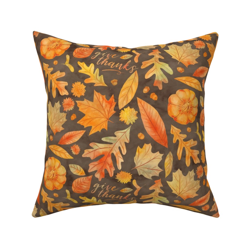 Give Thanks Watercolor Leaves - Brown Pillow, Woven, White, 16x16, Double Sided, Orange, Orange