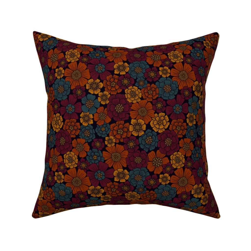 Burgundy, Rust, Mustard & Teal Floral Pillow, Woven, White, 16x16, Double Sided, Red