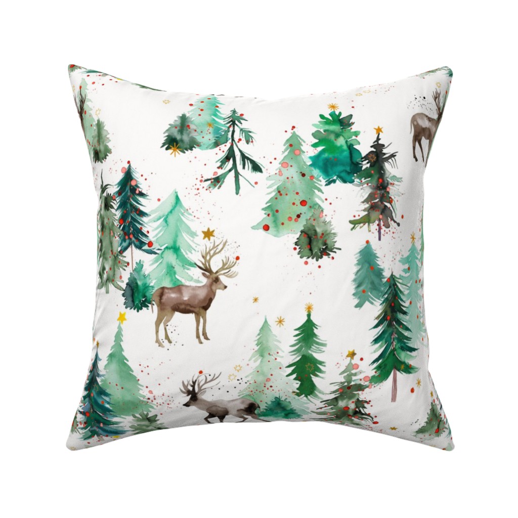 Rudolph Deer & Christmas Trees Pillow, Woven, White, 16x16, Double Sided, Green, Classic Green
