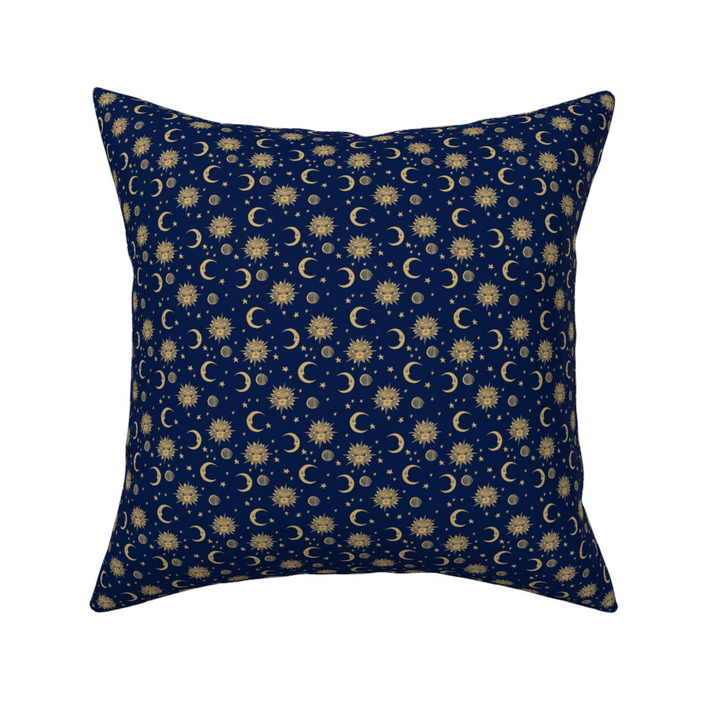Sun Moon and Stars - Dark Pillow, Woven, White, 16x16, Double Sided, Blue