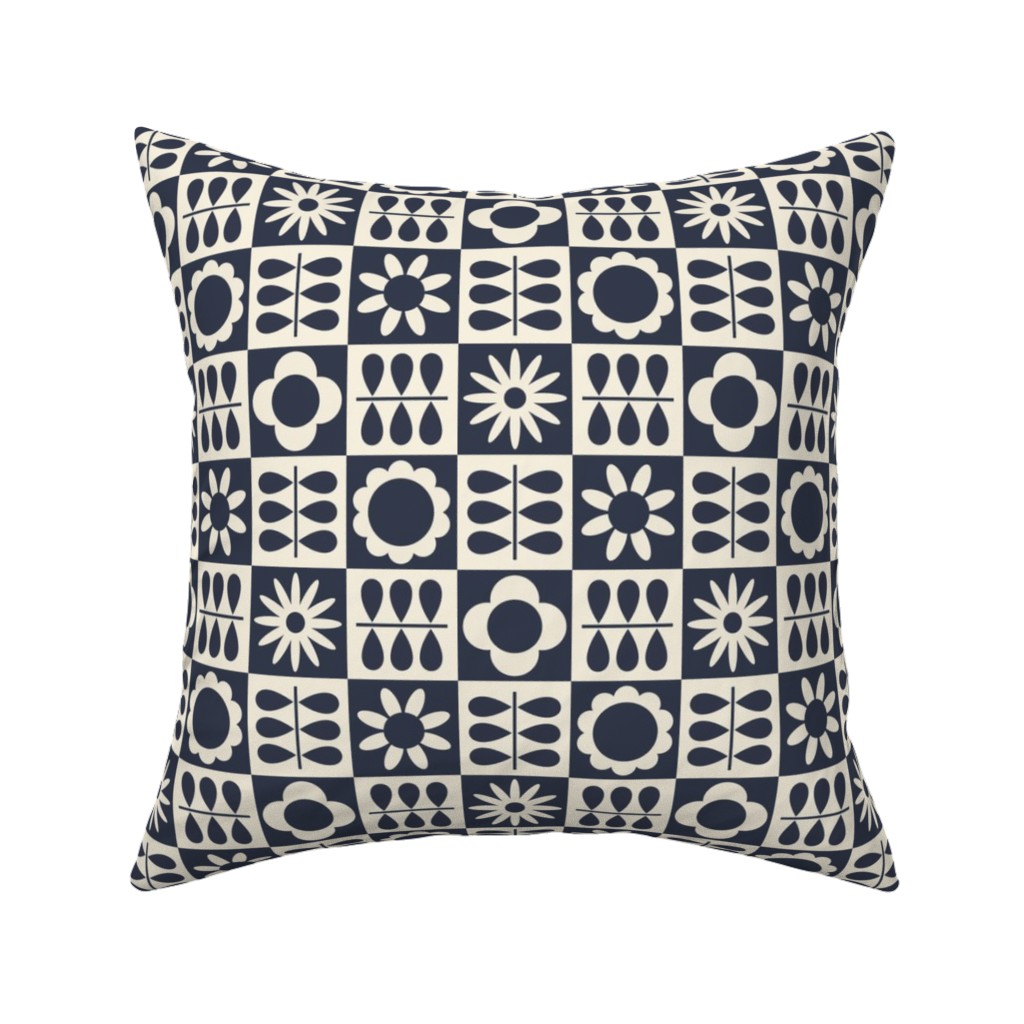 Scandinavian Checker Blooms - Off White and Navy Pillow, Woven, White, 16x16, Double Sided, Black