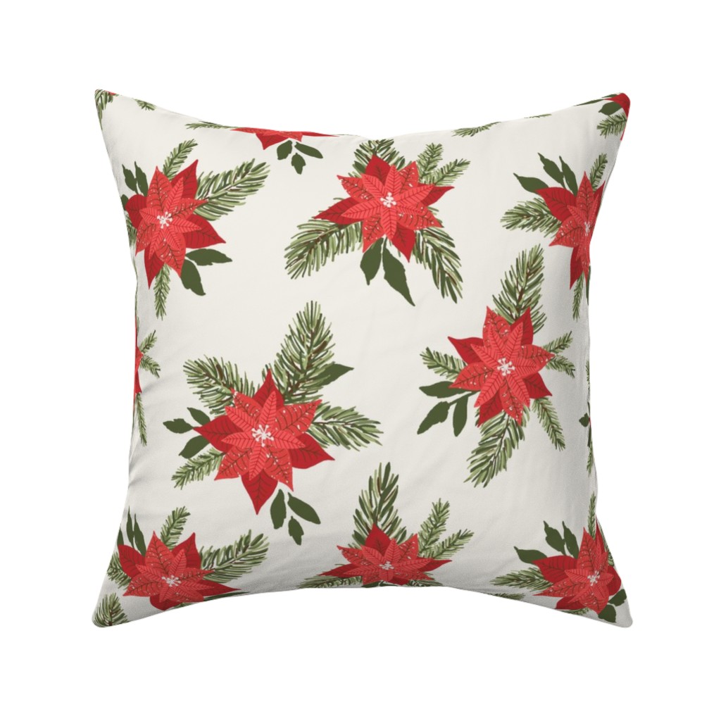 Red Poinsettia Christmas Flowers Pillow, Woven, White, 16x16, Double Sided, Red, Red