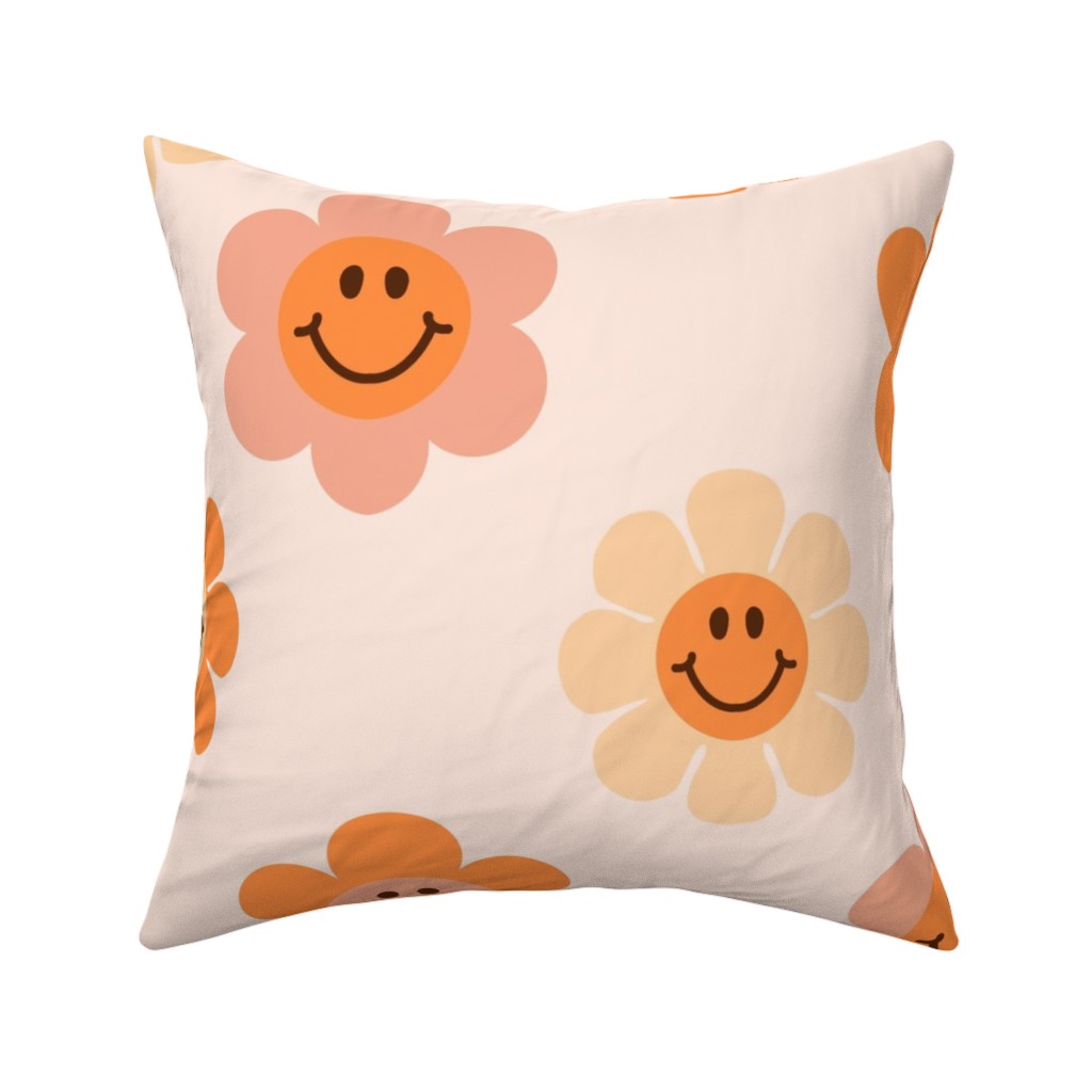 Smiley Floral - Orange Pillow, Woven, White, 16x16, Double Sided, Orange
