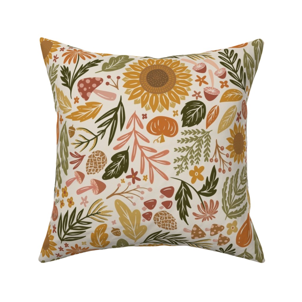 Autumn Botanicals - Leaves, Acorns, Sunflowers, Ferns, Mums, Pinecones, Mushrooms - Light Pillow, Woven, White, 16x16, Double Sided, Multicolor