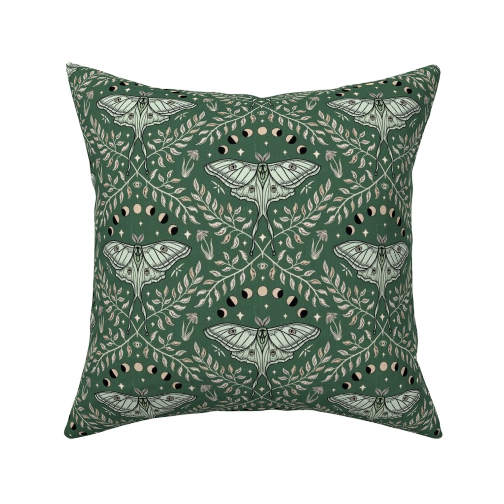 Luna Moths Damask With Moon Phases - Green Pillow, Woven, White, 16x16, Double Sided, Green