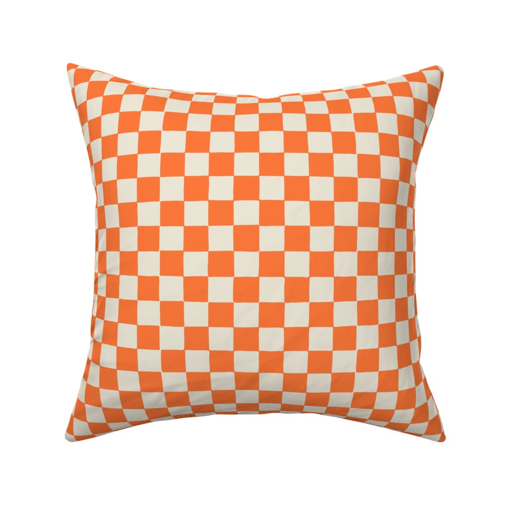 Retro Checkerboard - Bright Orange Pillow, Woven, White, 16x16, Double Sided, Orange