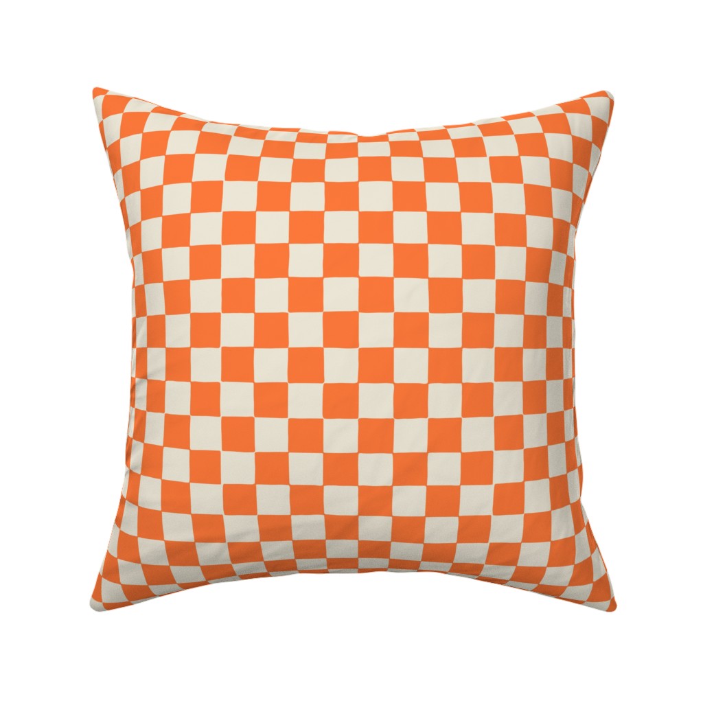 Retro Checkerboard - Bright Orange Pillow, Woven, White, 16x16, Double Sided, Orange, Orange