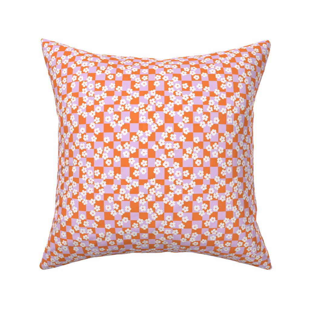 Checkered Daisies Retro - Orange and Pink Pillow, Woven, White, 16x16, Double Sided, Multicolor